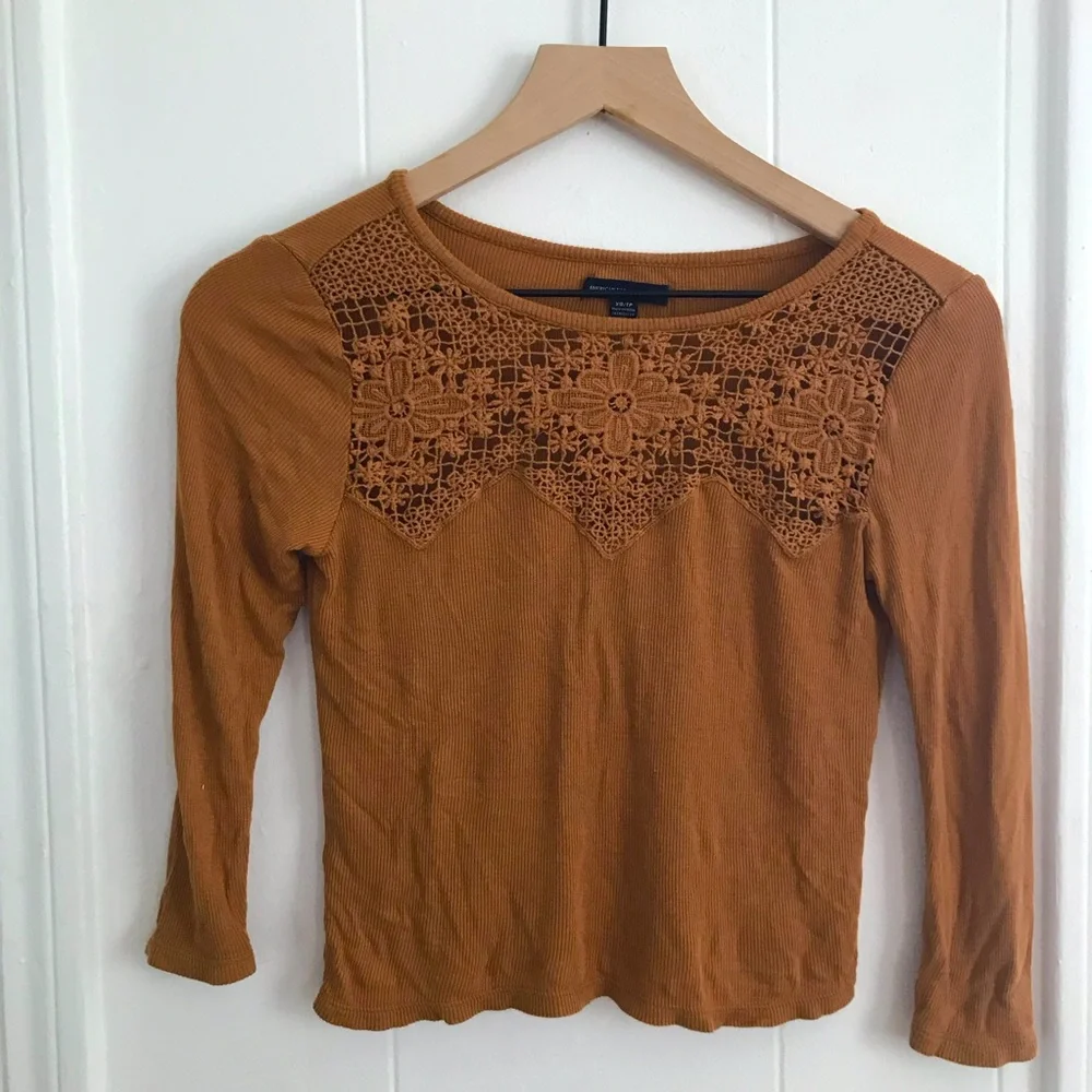 American Eagle Outfitters Embroidered Crochet Brown Crop Top - Picture 6 of 9